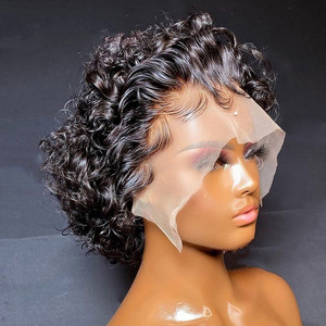Perruque synthétique coupe pixie avec dentelle frontale 13x1, dentelle transparente, base en soie, cheveux courts bouclés style bob, taille de bonnet moyenne pour femmes - Product Image 1