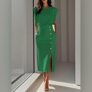 Robes pour femmes, couleur unie, col rond, taille cintrée, ourlet fendu, boutons métalliques, mode - Product Image 5