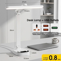 Lampe de bureau LED pour l'apprentissage et la lecture avec prise et ports USB, multiprise de 1,8 mètre