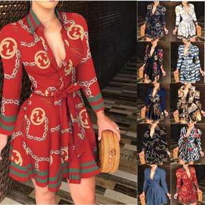 2024 Zomer Dames Lange Mouw Jurk Plus Size Womens Office Positionering Print Swing Rok Bohemian Retro Casual Jurken