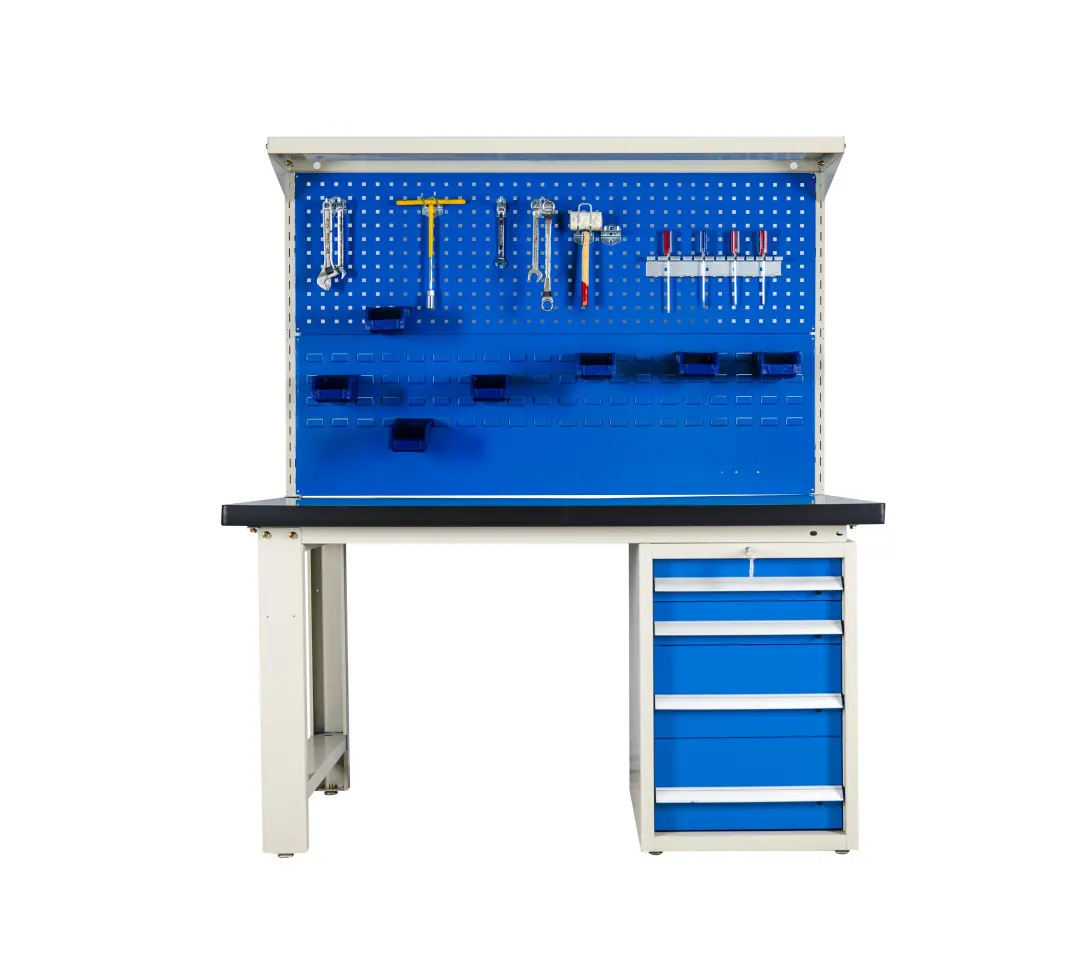 Mesa de herramientas de taller ajustable de acero de alta calidad con placas colgantes dobles y cuatro cajones