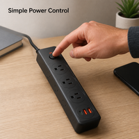 Multiprise industrielle standard américaine à 6 prises avec 2 ports USB-A et 1 port USB-C, anti-surcharge, ignifuge, pour bureau