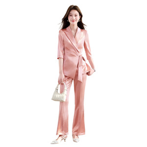 Women's Satin Suit Set Three Quarter Sleeve Breathable Office Lady Workwear Daily Commute Professional Attire - Product Image 5