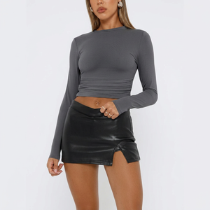 Top Corto de Punto Gris para Mujer, Manga Larga, Cuello Redondo, Color Sólido, Corte Ajustado, Estilo Y2K, Transpirable, para Todas las Temporadas, Venta al Por Mayor - Product Image 1