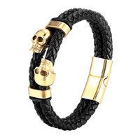 Bracelet pour homme en acier inoxydable, fait main, multi-couches, en cuir véritable tressé, tendance, géométrique