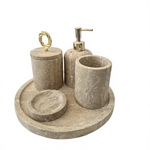 Juego de Baño de Travertino Natural de Bajo Costo con Dispensador de Jabón, Bandeja, Vaso y Tarro de Almacenamiento para Uso en el Hogar y Hoteles - Product Image 1
