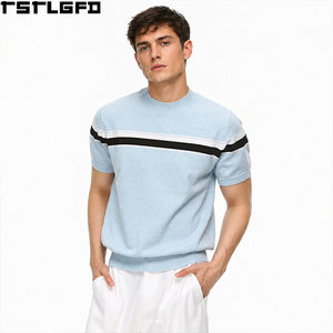 T-shirt en maille à col montant pour homme, coupe et couture, rayures anthracite, col à boutons, manches courtes, vente en gros - Product Image 3