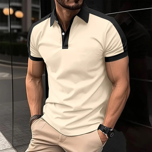2024 estate nuova maglietta Casual da uomo alla moda con bottone con risvolto in tinta con parti superiori abbinate t-Shirt - Product Image 5
