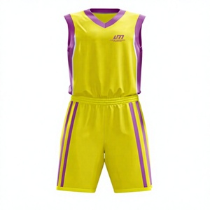 Ensemble d'uniformes de basketball LONG MISSION INDUSTRY jaune et violet, impression par sublimation, respirant, 100 % polyester, adulte unisexe, broderie - Product Image 3