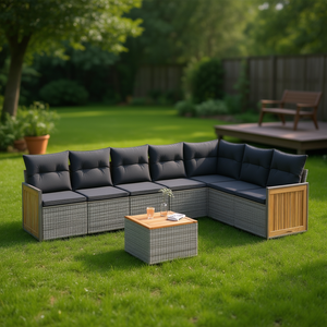 Conjunto de Sofá de Jardín Gris de 6 Plazas, Ratán con Estructura de Madera de Teca, Muebles de Exterior de Diseño Contemporáneo, Resistentes a la Intemperie - Product Image 2