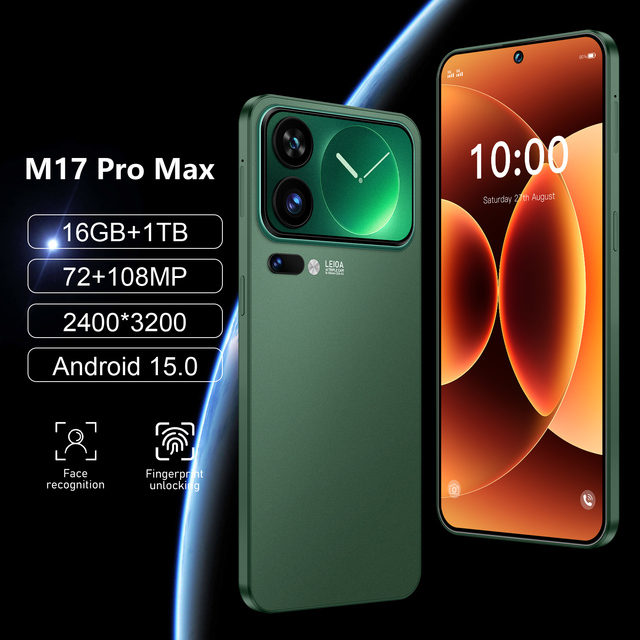 New Model M17 Pro Max 5G Android Smartphone 16GB RAM + 1TB Storage 7800mAh Battery 72MP Front Camera Deca Core HD