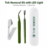 Kit portable de suppression des tiques en acier inoxydable avec LED, 3 pièces, comprenant des pinces courbées à 45 degrés et un outil en Y pour l'élimination des tiques en basse lumière chez les animaux de compagnie