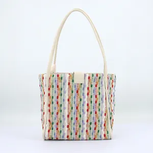 New Vegan leather Material Bucket Shape Colorful Weaved Recycled Tote Bag For Women