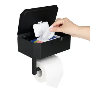 Soporte de papel higiénico con caja de pañuelos Soporte de papel higiénico negro para baño con estante Dispensador de papel húmedo desechable