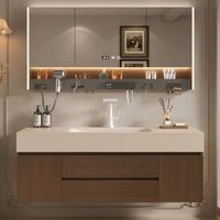 Meuble de salle de bain moderne en contreplaqué intégré avec baignoire, lavabo en pierre, coiffeuse et miroir intelligent, design mural