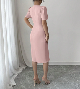 Robe midi élégante rose poudré pour femme, à manches bouffantes, col rond, découpes, taille froncée, fente haute, idéale pour le bureau, le <span class=keywords><strong>travail</strong></span> ou les cocktails - Product Image 2