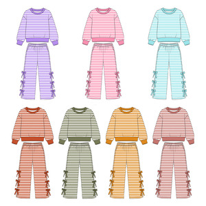 Set Personalizzato per Bambine con <span class=keywords><strong>Felpa</strong></span> a Righe e Pantaloni Dritti, Fiocchi Laterali, Maniche Lunghe, Outfit Autunnale, Basso MOQ, Abbigliamento per Bambine - Product Image 1