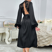 Bata de dormir larga de satén para mujer, con cuello en V, decoración esponjosa, tela sedosa suelta, cinturón ajustable, para uso interior/exterior