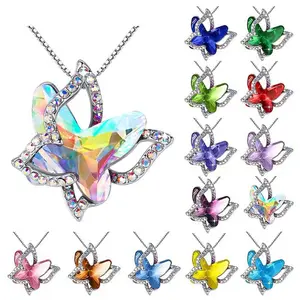 Colorful Butterfly Birthstone Crystal Pendant Necklace For Women Girls Mothers Day Anniversary Birthday Christmas Gifts Jewelry