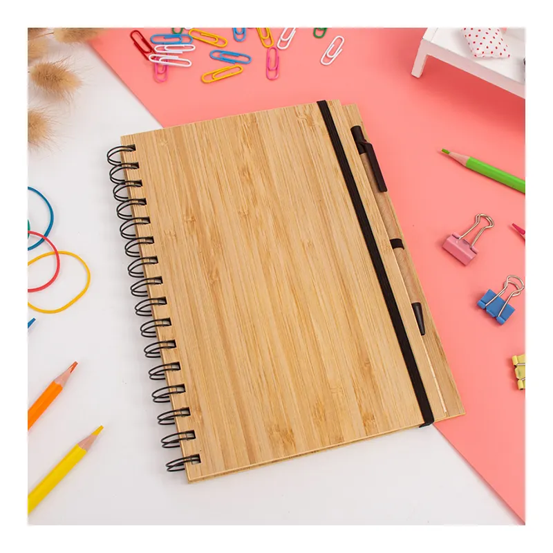 Großhandel gute Qualität Spiral bindung Hardcover Recycling Bambus Cover Notebook mit Stift Kit