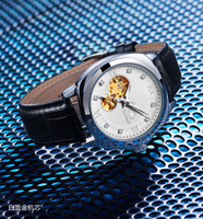Montre mécanique pour homme, cadran blanc, cœur ouvert, chiffres romains, marqueurs en cristal, bracelet en cuir, cadeau