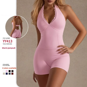 Nouveau style transfrontalier, tenue de yoga 1 pièce unie avec encolure en dentelle, anti-transpiration, pour le sport, la course, le yoga et le Pilates, avec short moulant à col montant - Product Image 1