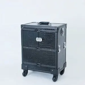 Leder schwarz 4 in 1 Make-up Eitelkeit Trolley Fall Künstler Gepäck profession ell mit Spiegel auf Rädern