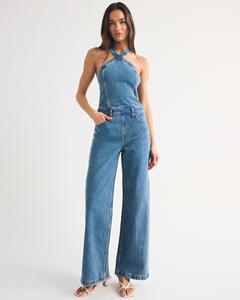 LE DUO Mono de mujer con cuello halter y tiras cruzadas, sin mangas, de pierna ancha, ajuste ceñido, largo hasta el tobillo - Product Image 1