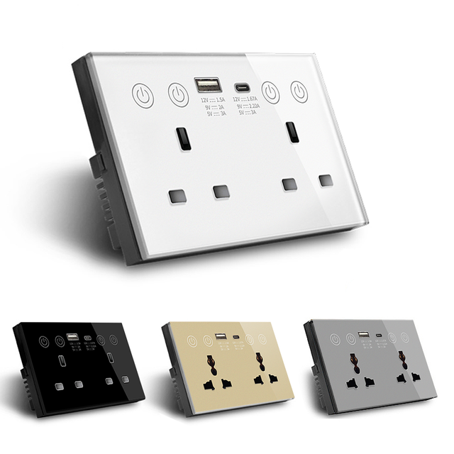 WiFi Smart Wall Socket with USB Type-c Fast Charge Port (20W) Made of Tempered Glass Suitable for Smart Home Switch Outlet