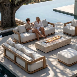 Canapé <span class=keywords><strong>de</strong></span> patio en teck en U moderne pour complexe hôtelier, <span class=keywords><strong>salon</strong></span> <span class=keywords><strong>de</strong></span> <span class=keywords><strong>jardin</strong></span> à assise profonde avec table brasero, couleur personnalisée par le fabricant - Product Image 3
