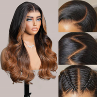 Perruque Lace Frontale 7x5 Sans Colle, Ondulée, Châtain Ombré avec Mèches, Cordon Invisi, Prête à Porter, Cheveux Humains