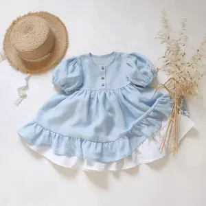 RTS Australia UK US Designer Toddler Children Dresses Puff Short Sleeve Cotton and Linen Princess Party Kids Dress Girls Linen