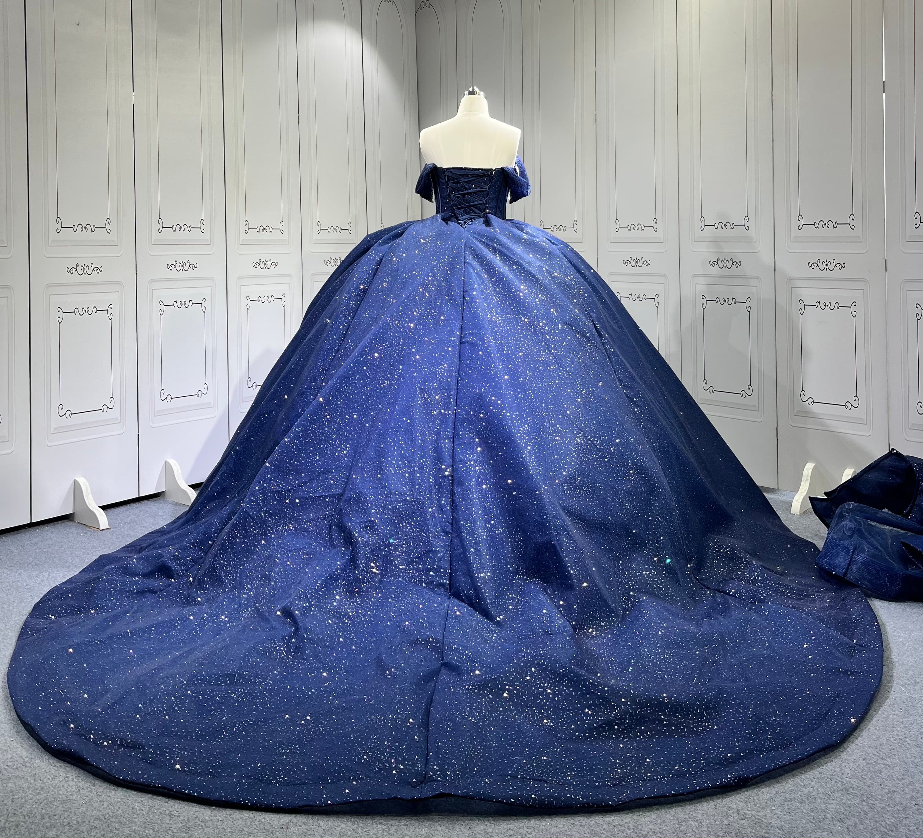 Mumuleo Navy Blue Quince Dress Sweetheart Neck Sequin Sweet 16 Sweep Train  Wear Pageant Off Shoulder Sweet 15 Gowns| Alibaba.com