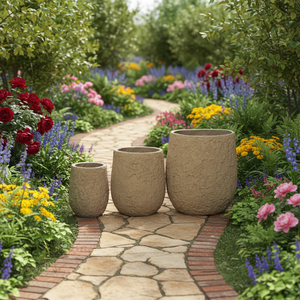 Vente en gros directe d'usine, pots à fleurs ronds en <span class=keywords><strong>fibre</strong></span> <span class=keywords><strong>de</strong></span> verre <span class=keywords><strong>de</strong></span> haute qualité, finition simple avec texture <span class=keywords><strong>de</strong></span> <span class=keywords><strong>terre</strong></span> battue - Product Image 2