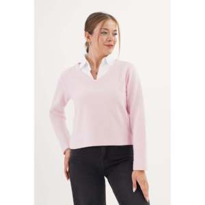 Blusa de punto rosa con cuello de camisa para mujer, top de manga larga sencillo para el día a día, anti-bolitas, color piedra - Product Image 3