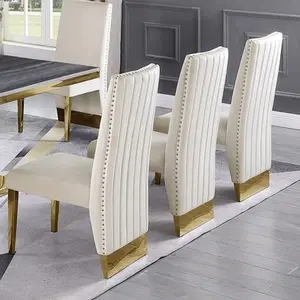Set kursi makan 6 kursi lapis kulit putih, desain mewah Modern, Set meja pernikahan emas baja tahan karat untuk ruang makan