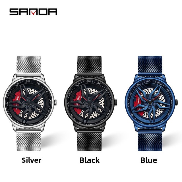 Sanda Cool Black-Tech Fashion Men's Quartz Watch Creative Hollowed-Out Circle Acrylic Strap Pointer Good-Luck Timepiece 44mm