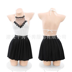 Nouvelle robe de lingerie sexy avec bordure en dentelle, idéale pour les enseignantes et les secrétaires, dotée d'un col halter transparent et d'un lien. (5392) - Product Image 2