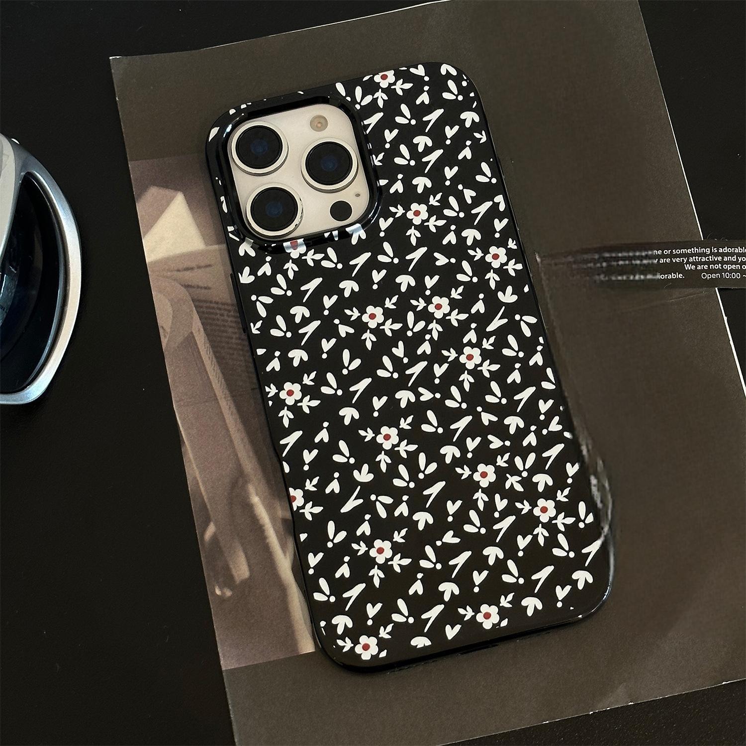Glossy black with white floral print