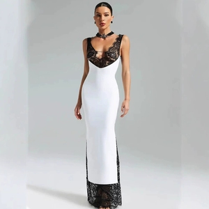 <span class=keywords><strong>Robe</strong></span> longue élégante blanche sans manches avec <span class=keywords><strong>dentelle</strong></span> <span class=keywords><strong>noire</strong></span>, vêtements d'été pour femmes, robes d'été 2026 - Product Image 1