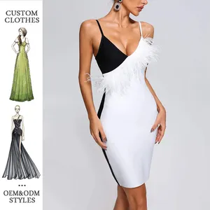 Women Fashion Clubwear Sexy Dress Spaghetti Strap Elegant Black white Contrast Color v-neck Feather Mini bodycon Dress