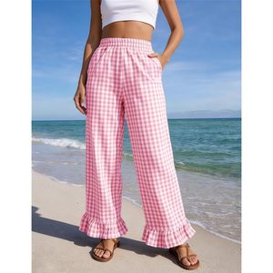 Pantalones anchos de algodón a cuadros para mujer FOXA, con volantes en el bajo, cintura elástica y bolsillos. - Product Image 2