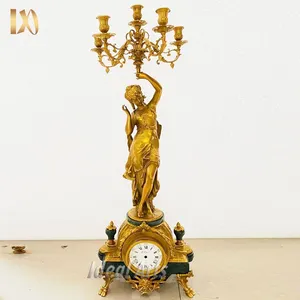 古董复古青铜黄铜女性雕塑罗马数字台钟，带烛台出售