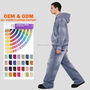 Conjunto de Sudadera con Capucha y Pantalones Deportivos para Hombre, Estilo Casual de Otoño, con Pedrería Personalizada, Lavado Ácido, Cierre de Cremallera, Efecto Desgastado y Vintage, Venta al por Mayor - Product Image 2