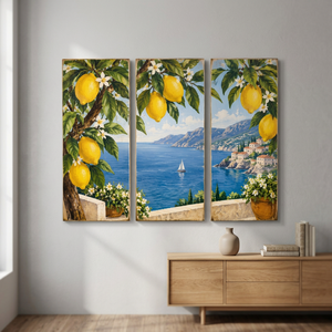 Triptyque mural Amalfi en bois de manguier bleu et blanc peint à la main |   Décoration d'intérieur méditerranéenne de style traditionnel 90x60cm, vente en gros - Product Image 3