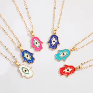 Promotion Gold Plated Fatima Pendant Personalized Evil Eye Hand Shape Charm Palm Hamsa Necklaces for Gifts