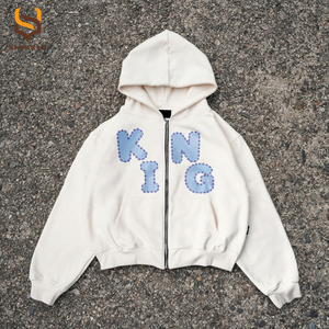 Custom Patchwork Embroidery <b>Oversized</b> Zip Up Hoodies Heavyweight Cotton <b>Fleece</b> Patch Applique Stitching <b>Mens</b> Zip Up <b>Hoodie</b> - Product Image 2