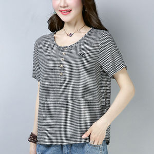 Women's Plaid T-Shirt Red Checkered Short Sleeve Loose Fit Cotton Breathable Summer Top - Product Image 4