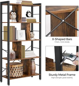 5 Tier Bookshelves ,Industrial Bookshelf Rustic Wood and Metal Standing <strong>Shelving</strong> ,<strong>Tall</strong> Display Home Office Bookcase - Product Image 3