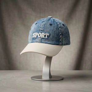Casquette de sport vintage en jean à 6 panneaux, réglable avec boucle métallique, style classique délavé, motif nœud, pour usage quotidien décontracté et extérieur - Product Image 1
